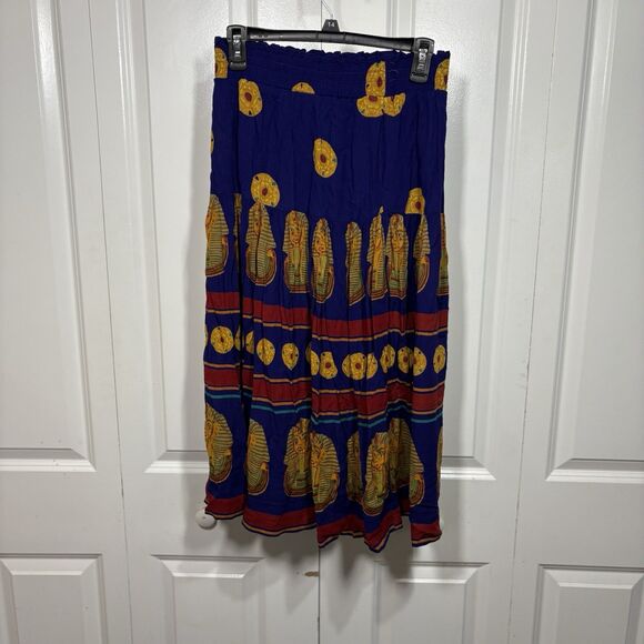 Boho Egyptian Print Skirt Womens M Blue Red Elastic Waist Festival Cottagecore - Picture 5 of 8